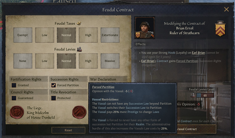The tooltip for Forced Partition in a vassal’s contract / Crusader Kings III