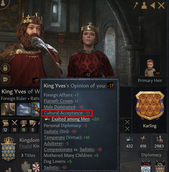 The opinion debuff caused by low cultural acceptance / Crusader Kings III