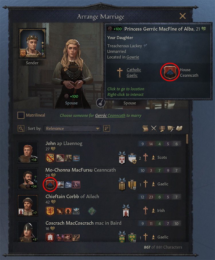Characters from the same dynasty are beginning to show in the arrange marriage list / Crusader Kings III