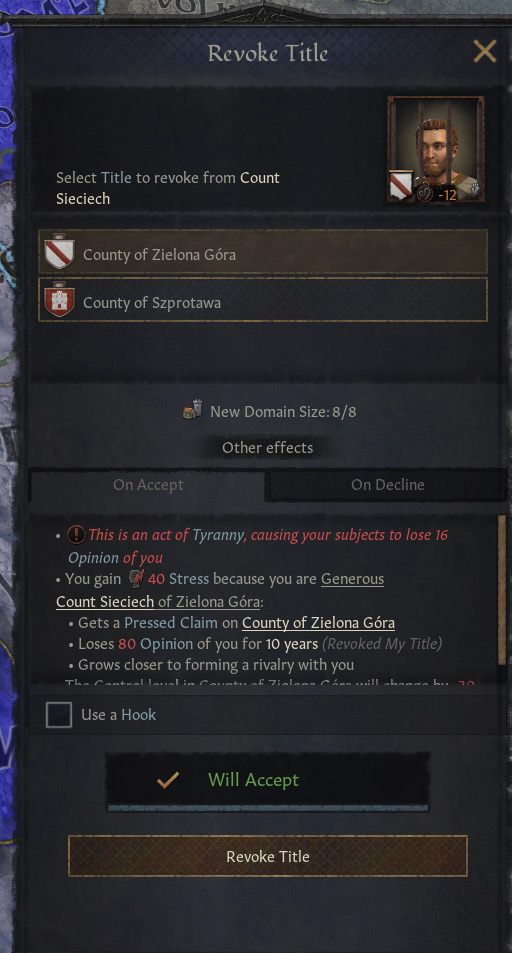 A Revoke Title action which would cause the player to gain Tyranny / Crusader Kings III