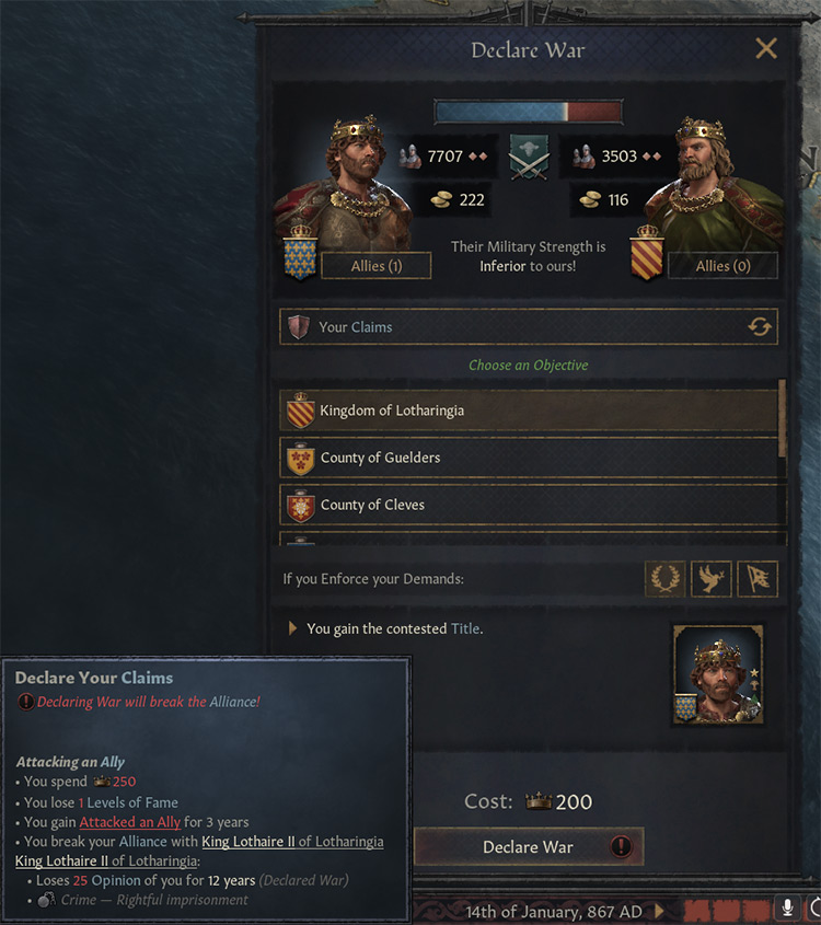 The declare war window is shown for an ally, along with the warning tooltip / CK3