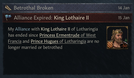 An alliance has ended because a betrothal was broken / CK3