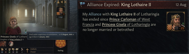 An ally’s daughter, the source of the alliance, was murdered by the player / CK3