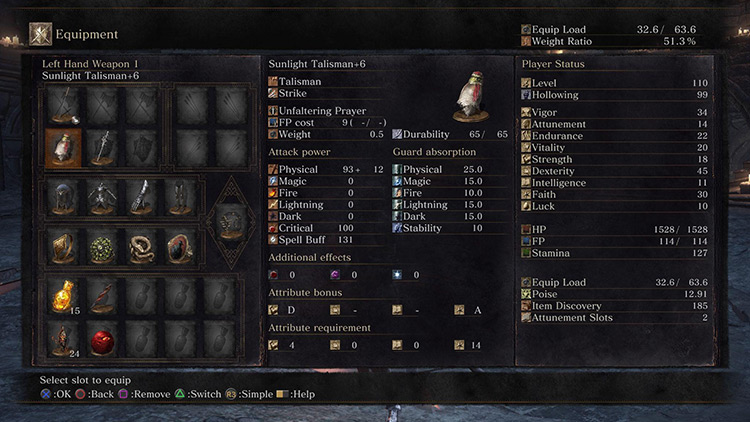 A talisman stat screen - you can find your Spell Buff number in the ‘Attack power’ column / DS3