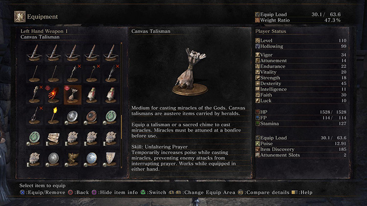 The Canvas Talisman is available early and is a perfect talisman for late-game Miracle casting / DS3