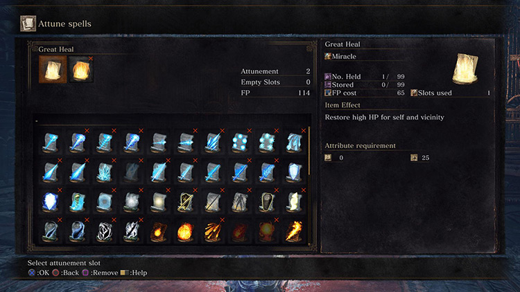 Due to each spell only taking one attunement slot, you may want to equip both Miracles / DS3