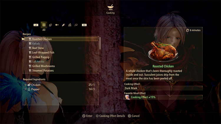 Selecting the Roasted Chicken, which activates Dark Mark. / Tales of Arise