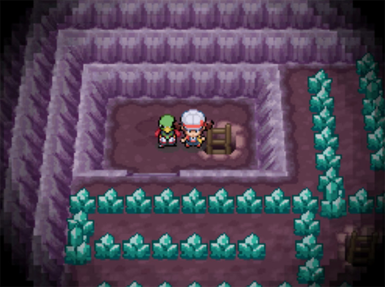 The ladder heading down a floor at the end of Cerulean Cave's crystal maze / Pokemon HGSS