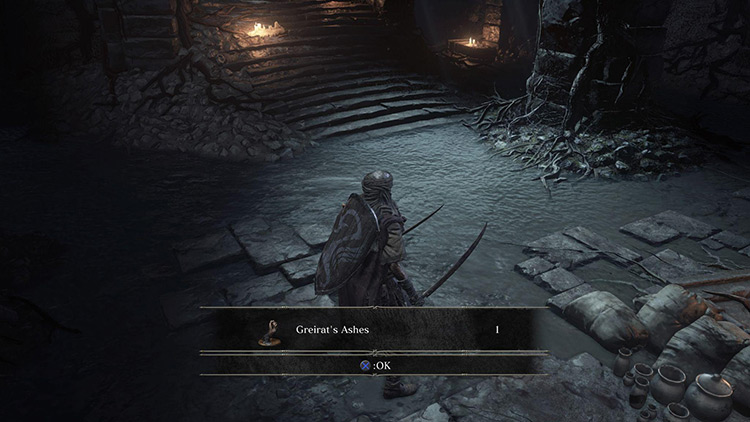Picking up Greirat's ashes after he is killed in Firelink Shrine / DS3