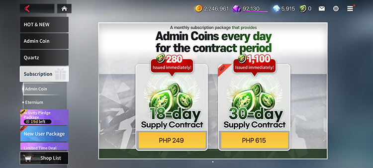 Admin Coin Packages / Counter:Side