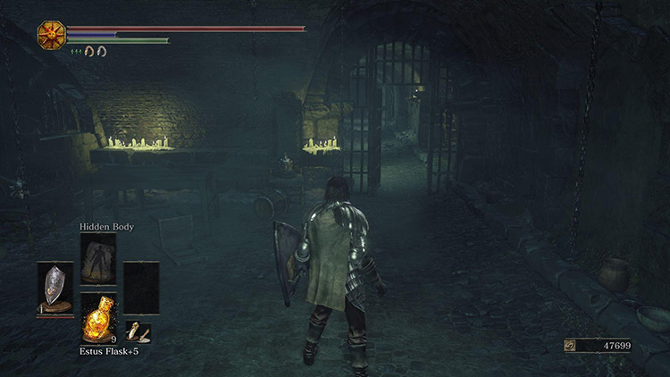 The metal gate to the left of the path / Dark Souls 3
