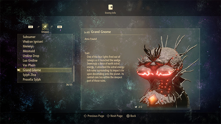 The in-game description of the Grand Gnome. / Tales of Arise