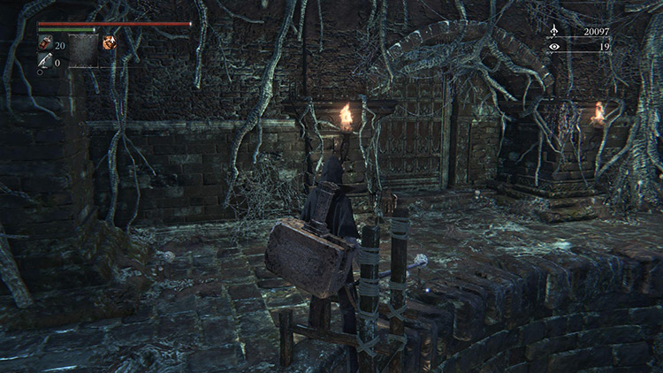 The doorway that leads further into the Dungeon, viewed from the top of the ladder / Bloodborne
