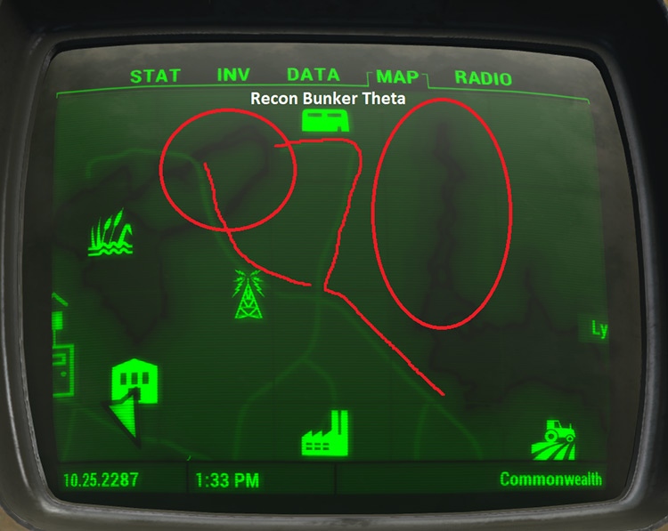 The location of hubflowers on the map, near Recon Bunker Theta. / Fallout 4