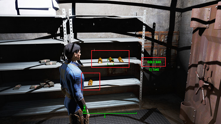 Four gold bars inside Bridgeway Trust’s main safe. / Fallout 4