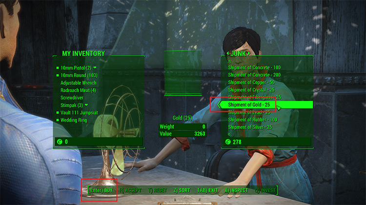 Buying a shipment of gold from Deb in Bunker Hill. / Fallout 4