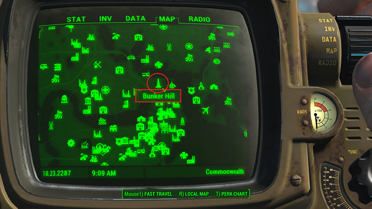 The location of Bunker Hills on the map. / Fallout 4