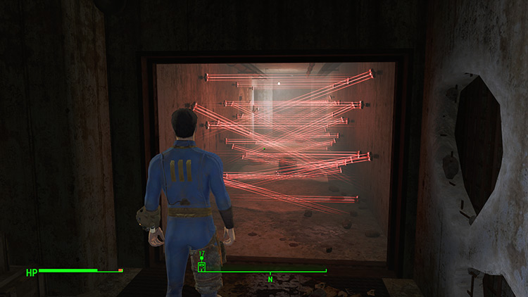 The corridor with laser tripwires in Jamaican Plain Townhall basement. / Fallout 4