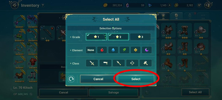 “Select All” Prompt (1★ and 2★ Equipment) / Ni No Kuni: Cross Worlds