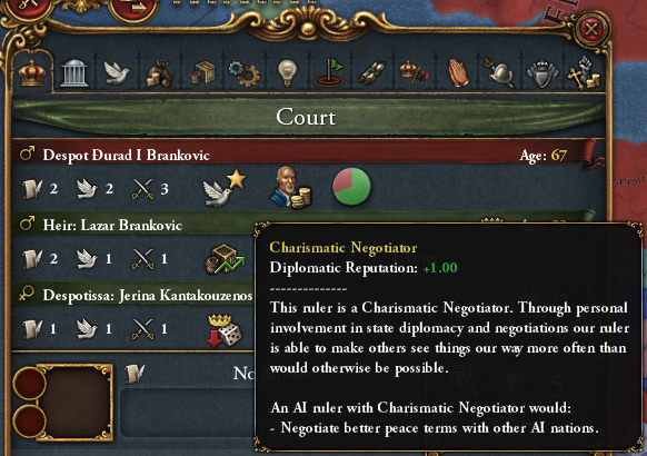 The Charismatic Negotiator trait shown on the court tab. / EU4