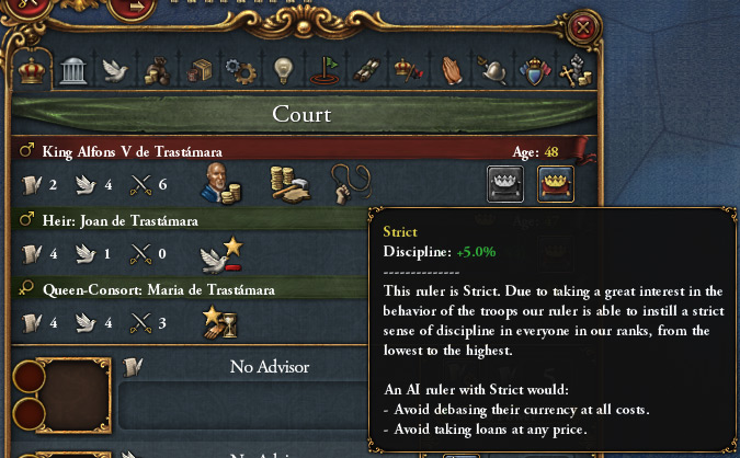 The Strict trait shown on the court tab. / EU4