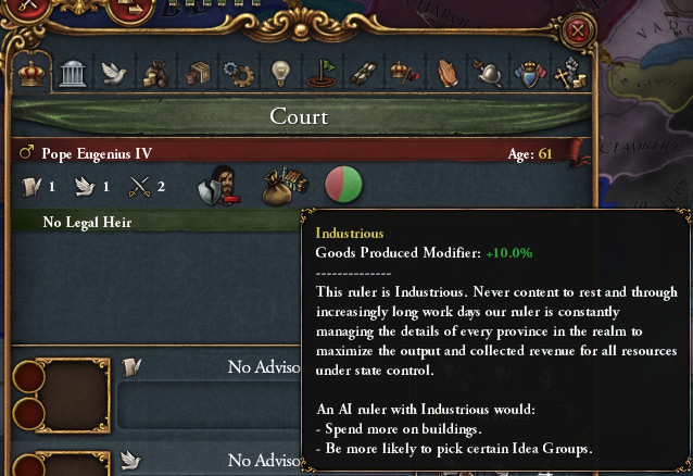 The Industrious trait shown on the court tab. / EU4