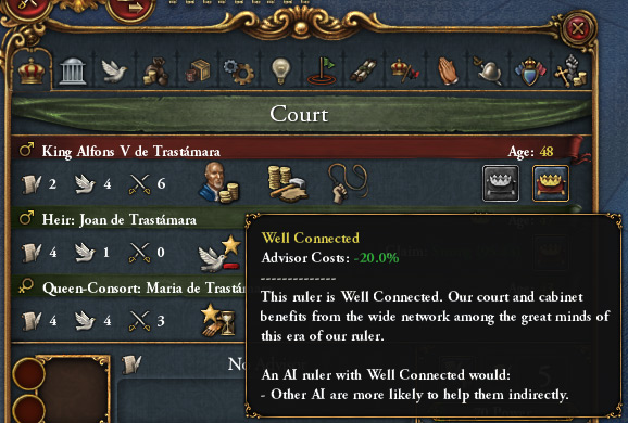 The Well Connected trait shown on the court tab. / EU4