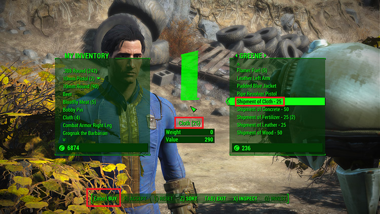 Buying a shipment of 25 cloth from Supervisor Greene in Graygarden. / Fallout 4