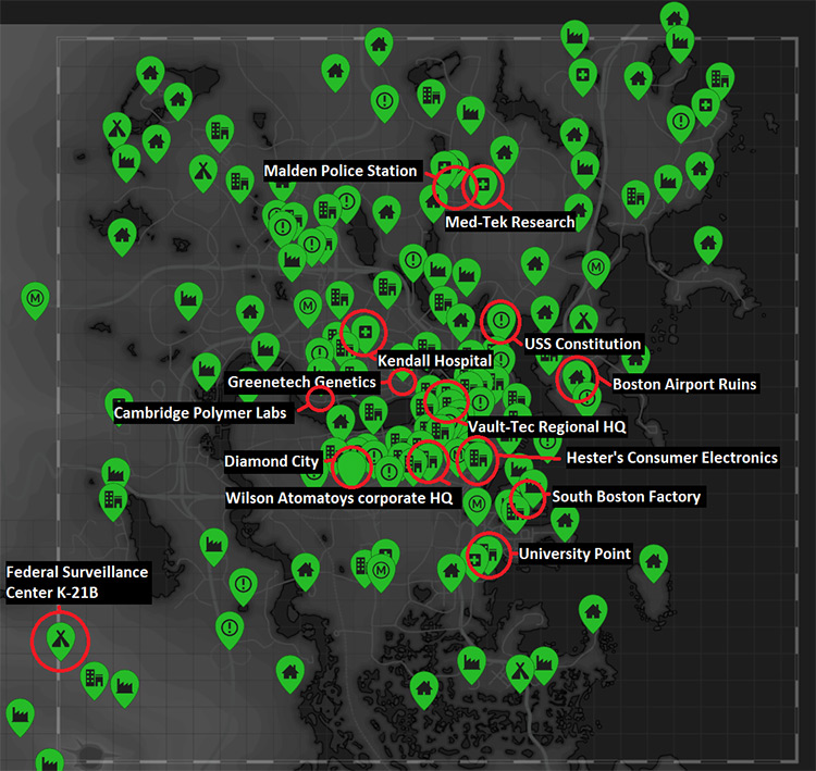 The location of the best farming spots for telephones. / Fallout 4
