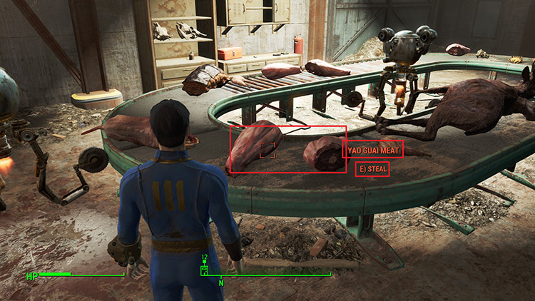 Two pieces of Yao Guai Meat you can steal from Longneck Lukowski's Cannery. / Fallout 4