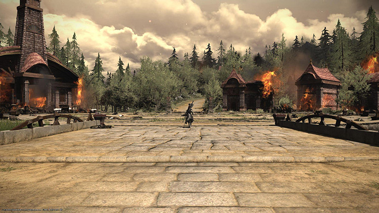 The once quiet village of Holminster has now been set ablaze by the implacable Sin Eaters. / FFXIV