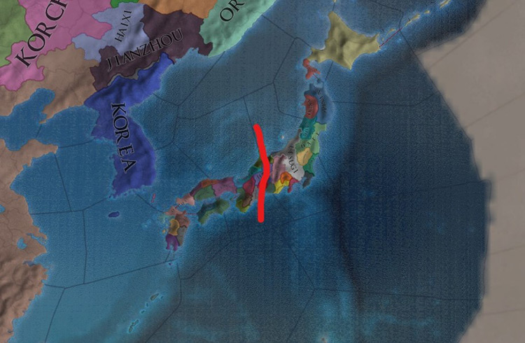 The north-south split. Kyoto, the capital of the Shogun is south of the line / EU4