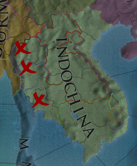 Indochina and the Three Required Cores Marked in X / EU4