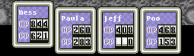 The party’s status boxes, including rolling HP and PP meters / Earthbound