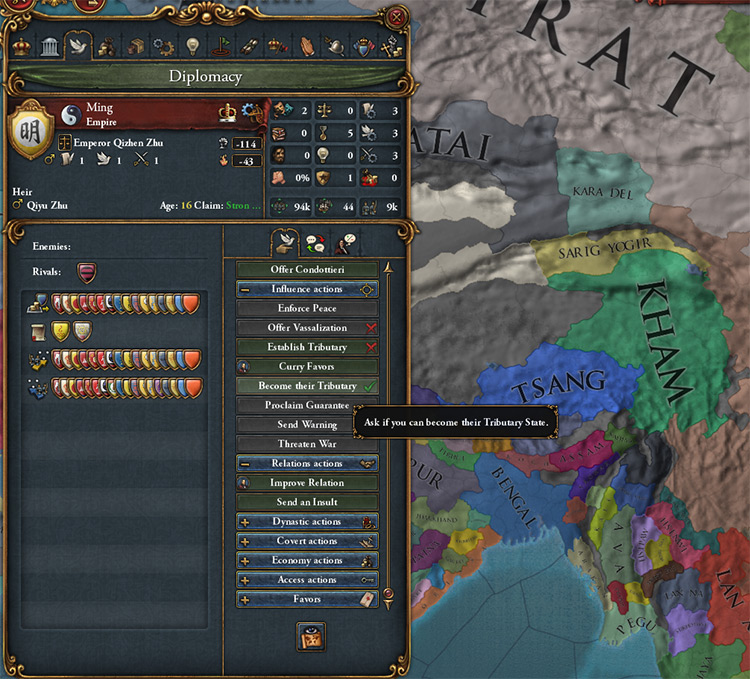 The option to become a nation's tributary on the Influence tab. / EUIV
