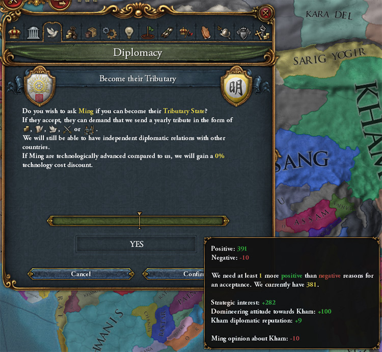 As a less experienced player, becoming a tributary of Ming as Kham is a very good early game option. / EUIV
