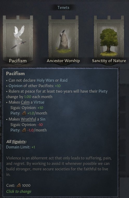 Pacifism and its tooltip, a religious tenet that provides +1 domain limit / CK3