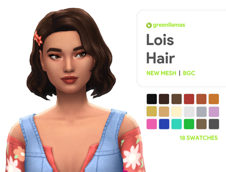 Short brunette hairdo with flower clips - Sims 4 CC