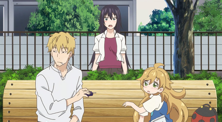 Kouhei and Tsumigu in park bench with Kotori at the back