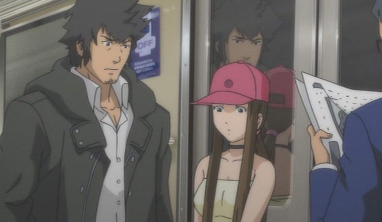 Man and a girl in pink hat - Speed Grapher Anime