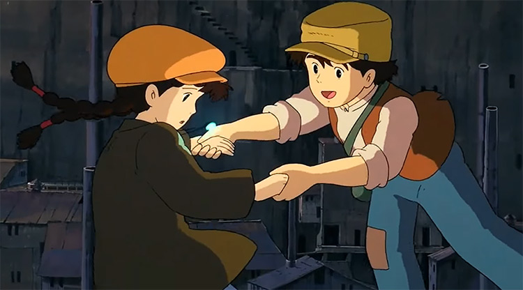 Boy and girl hold hands - Castle in the Sky Anime