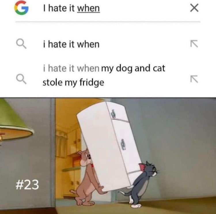 I hate it when dog and cat steal fridge meme