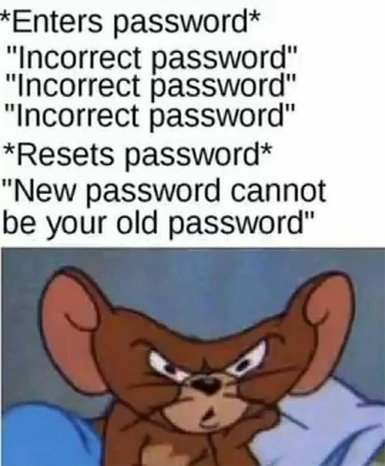 Incorrect password, new password cannot be old password, Jerry mouse meme