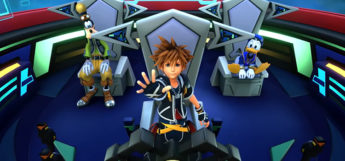 KH3 in gummi ship with Sora, Donald, and Goofy