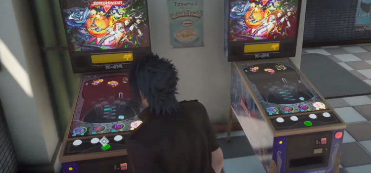 FFXV standing beside pinball machines