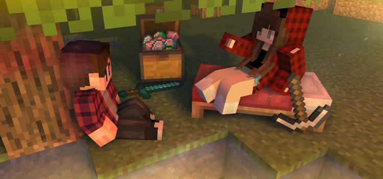 Guy and Girl in Flannel Sitting Under A Tree in Minecraft