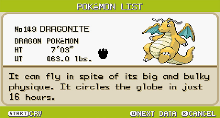 Dragonite Pokedex Entry in Pokemon FireRed