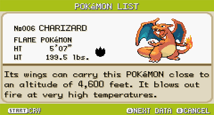 Charizard Pokedex Entry in Pokemon FireRed