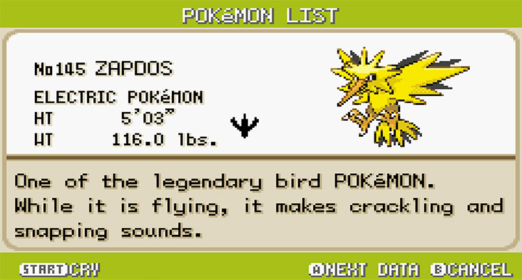 Zapdos Pokedex Entry in Pokemon FireRed