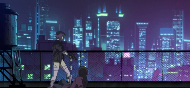 anime cyberpunk movie still from assassination